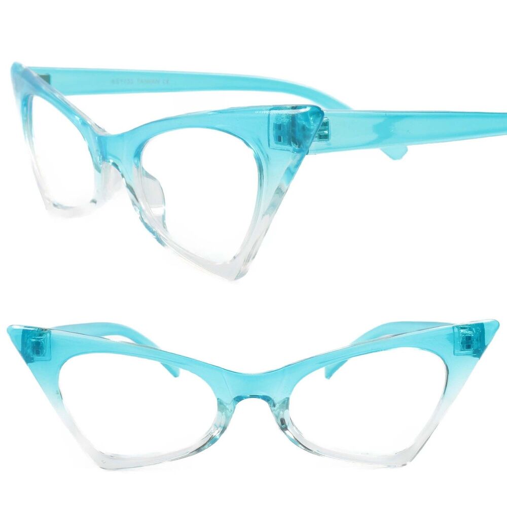 Classic 50s Womens Small Cat Eye Eye Glasses Two Tone Transparent & Blue Frame